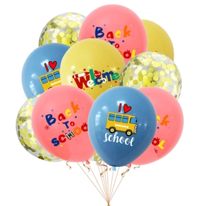 Colorful latex balloon bundle with Welcome Back To School prints and gold ribbons