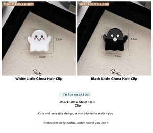 Detail view of 2.3cm mini ghost hair clips in black and white styles for Halloween