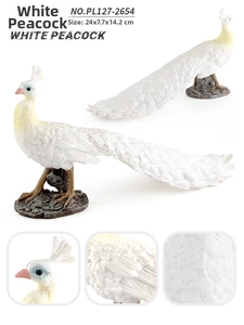 Detailed view of white peacock model showing feather texture and dimensions 24x7.7x14.2cm