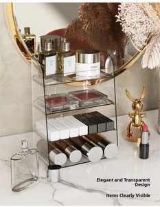 Detail of four-tier acrylic perfume organizer and makeup rack on a marble surface