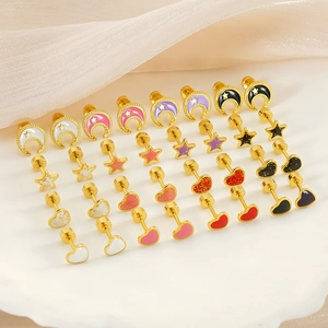 Boucles D'oreilles Puces Cœur Acier Inoxydable Plaqué Or 18K Émail Paillettes Fermoir À Vis Bijoux Mode Femme
