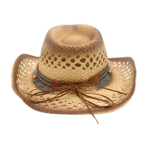 Ethnic western cowboy straw hat with colorful beads and fringe for summer sun protection