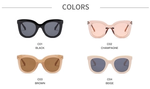 Showcase of oversized cat eye sunglasses in black, champagne, brown and beige colors