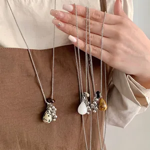 Vintage Grape Cluster Pendant Necklace Natural Tiger Eye Spotted Stone White Crystal Beads Silver Color Women Bohemia Style