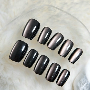 Cat Eye Press On Nails Handmade Dark Gray Magnetic Effect Square Round Artificial Fake Nails Women