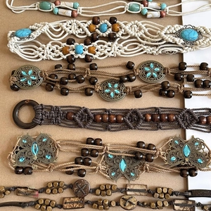 Bohemian macramé waist chain belt with acrylic beads and vintage ethnic charms
