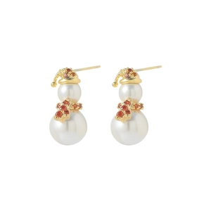 Elegant snowman pearl earrings with gold Christmas hat and red zircon accents
