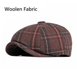 Classic dark brown checkered woolen newsboy hat with retro octagonal design for autumn