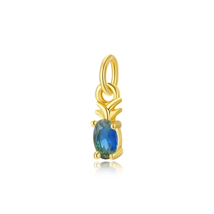 Macro detail of a gold pineapple pendant with a teal crystal and 18k plating