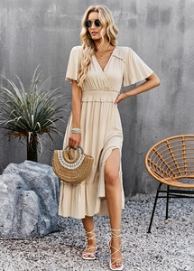 Beige V-neck short sleeve dress with ruffle details, elastic waist and side slit design