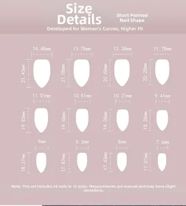 Size chart showing short almond shape press-on nails with 12 sizes and 24 pieces set
