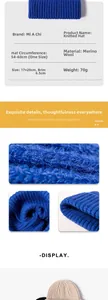 Détails du bonnet en laine et cachemire avec texture du tricot et tableau des tailles