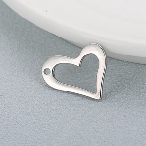 Polished silver stainless steel hollow heart pendant with a single hole for DIY jewelry