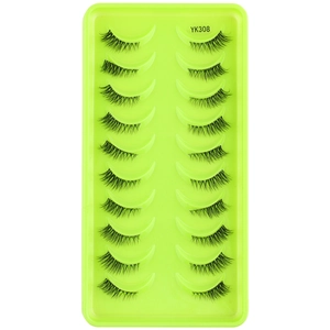 Detailed top view of 10 pairs of natural thick false eyelashes on a green tray YK308
