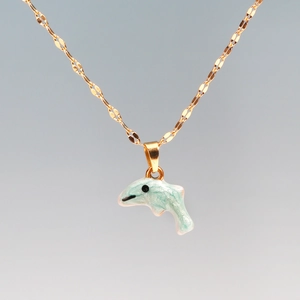 Golden stainless steel necklace with light blue enamel dolphin pendant ocean series