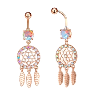 Rose gold dreamcatcher belly button ring with iridescent zircon and feather pendants