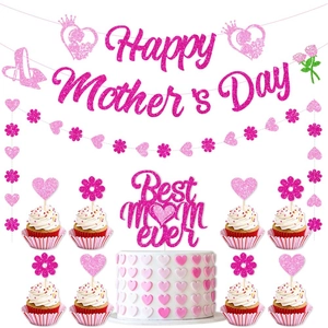 Mother's Day Decoration Banner And Cake Toppers Pink Glitter Paper Garland Festive Party Ornament