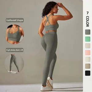 Women Seamless Knit Yoga Clothing Top And Bottom Crisscross Sports Bra High Waist Leggings Fitness Gym Running Workout Set