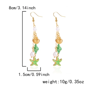 Detail view of gold shell and green starfish earrings with 8cm length dimensions