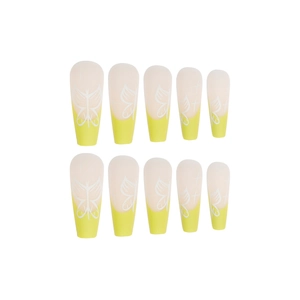 Green neon French tip coffin press-on nails with white butterfly and star art, 10-piece set