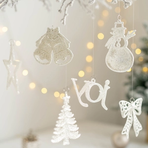 Christmas Tree Hanging Ornaments Set White Silver Glitter Star Bell Snowman JOY Letter Bow Xmas Tree Decorations