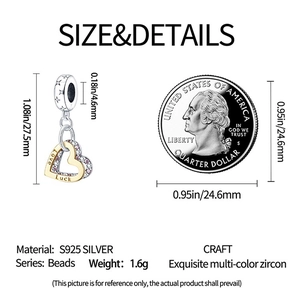 S925 Silver double heart bead pendant with multicolor zircon and size coin comparison