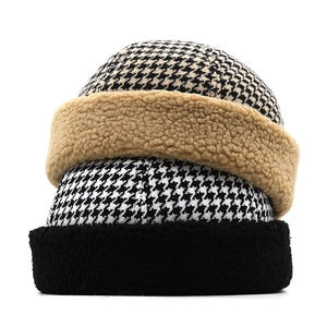Vintage houndstooth patchwork docker hat with fleece brim for men and women