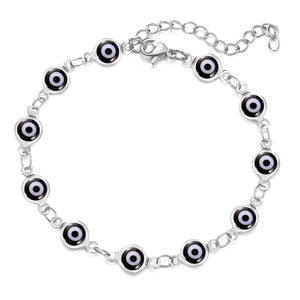 Pulsera vintage ojo turco con cuentas blancas y negras en cadena de plata pulida