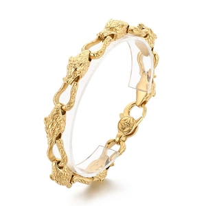 Vintage Nordic Viking wolf head bracelet in gold-plated stainless steel for men