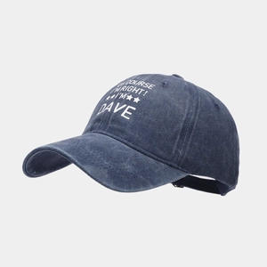 Detail of navy washed cotton baseball cap with white 'OF COURSE I'M RIGHT' printed text