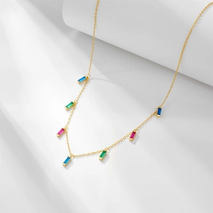 925 Sterling Silver Necklace With Rainbow Cubic Zirconia Geometric Square Pendant Gold Plated Fashion Jewelry For Women