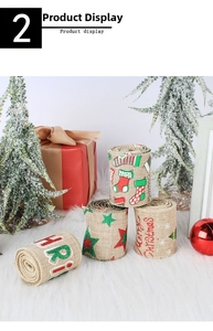 Detail of Christmas burlap ribbon set with wired edges and festive Merry Christmas prints