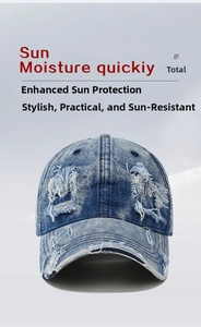 Detailed close-up of retro distressed denim baseball cap with worn holes and frayed edges