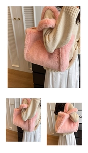 Detail view of pink plush tote bag with thick faux fur and matching shoulder straps