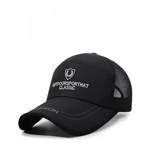 Detail of breathable mesh back and embroidered outdoor sport logo on the black baseball cap