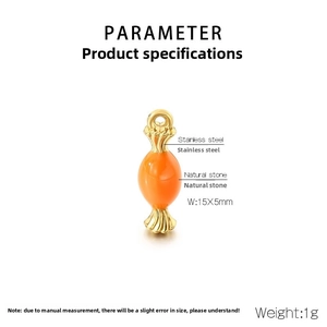 Macro detail of orange candy-shaped pendant with stainless steel ends and size info