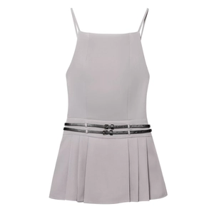 Grey pleated mini dress with spaghetti straps and double black buckled belts