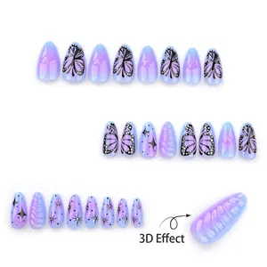 Short almond press-on nails featuring purple 3D heart, butterfly and star patterns