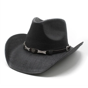 Classic black woven western cowboy hat featuring a leather band with silver star ornaments