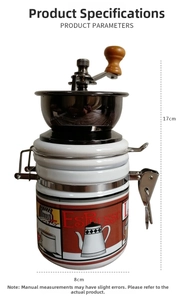 Manual coffee grinder detail featuring a white ceramic jar with 17cm height dimensions