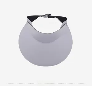 Detailed top view of light grey wide brim sun visor with adjustable strap and inner label