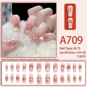 Pink gradient press-on nails with rabbit charms and heart glitter accents 24pcs set