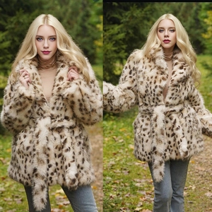 Mid-length leopard print faux fur coat for women with lapel collar and waist belt