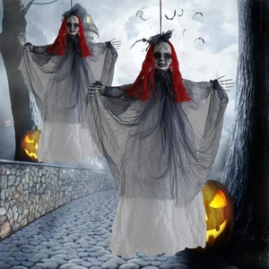 Close-up of Halloween hanging grim reaper ghosts with red hair and grey veils