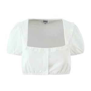 French retro white puff sleeve crop top with square neck and lace trim detailing