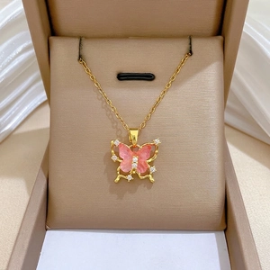 Butterfly Pendant Necklace Titanium Steel Copper Micro Inlaid Zircon Pink Wings Rhinestone Gold Chain Women Elegant