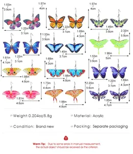 Size guide for acrylic butterfly earrings showing dimensions and weight for 12 unique styles