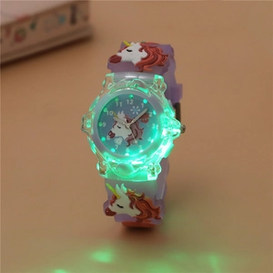 Purple unicorn children watch with green LED backlight and silicone strap for kids