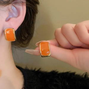 Retro geometric orange enamel rectangle stud earrings with gold plating for women