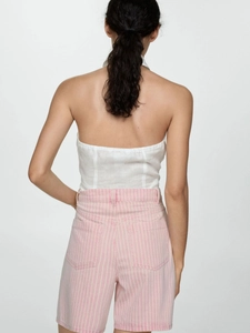 Women's high waist loose striped denim shorts with white backless top back view
